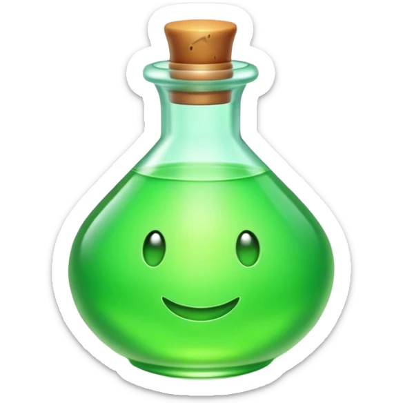 Clash of Clans aesthetic: Cinematic Playful Pixel 3D green health Potion Emoji, rendered in a 3D vector-style similar to standard emojis with minimal shading and bold, simplified shapes. A compact, distinct form with signature details, softly glowing with a pixelated adventure charm. Simplified yet unmistakably iconic, highly detailed and consistent, glowing with a soft radiance and high shine. Stylized with a touch of classic pixel-art charm and a soft glowing outline, capturing the essence of a beloved gaming relic with a friendly, playful manner! sticker
