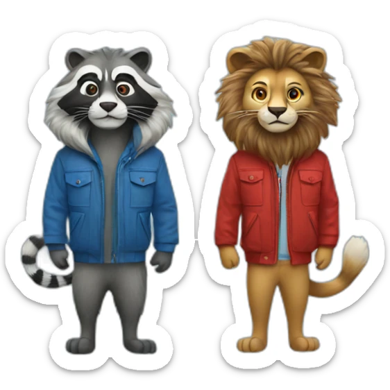 a lion and a raccoon, wearing the same jacket, the lion's jacket is blue and the raccoon's is red sticker