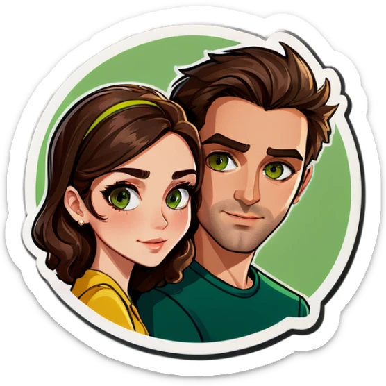 Couple women with brown eyes and brown hair and man with brown hair and green eyes  sticker