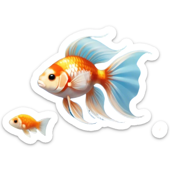 Large aquarium fish like veil tails and lionhead goldfish swimming gracefully in a beautifully decorated aquarium. Colorful aquatic plants, smooth rocks, and gentle bubbles surround the fish. The water shimmers in sunlight, creating a peaceful and vibrant underwater scene. Transparent background. sticker
