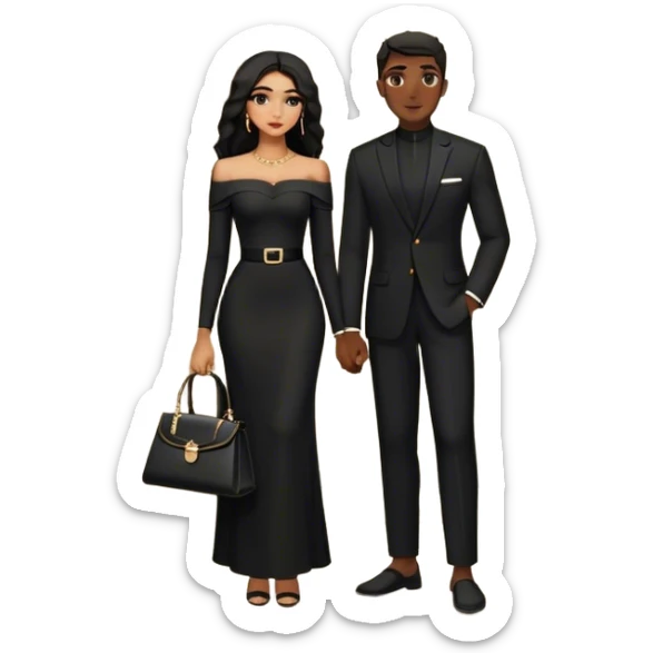the man dressed in all black, and the woman in an elegant off-shoulder cream-colored outfit with a matching handbag. The background features a textured stone wall, an iron window, and lush greenery, adding a timeless, vintage charm to the scene. Arabic couple  sticker