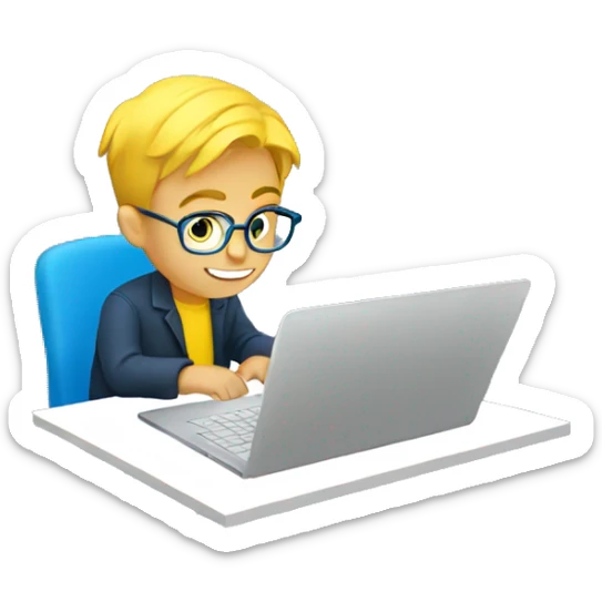 A blue-eyed boy with glasses and yellow hair working on a laptop sticker