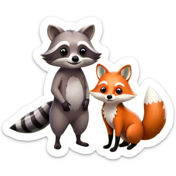 Collage of a raccoon and a fox, in close-up, set in a beautiful forest with tall trees, green bushes, and sunlight filtering through the leaves and flowers. A vibrant, wild atmosphere with a transparent background. sticker