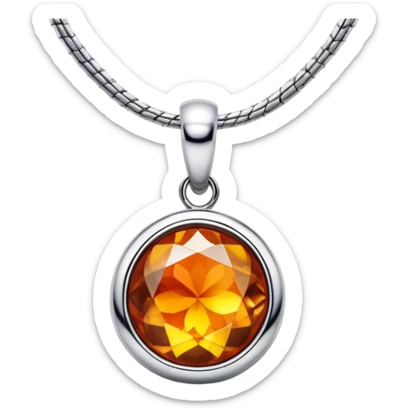 extreme close up of a round cut holographic amber charm with silver metal accent and snake chain sticker