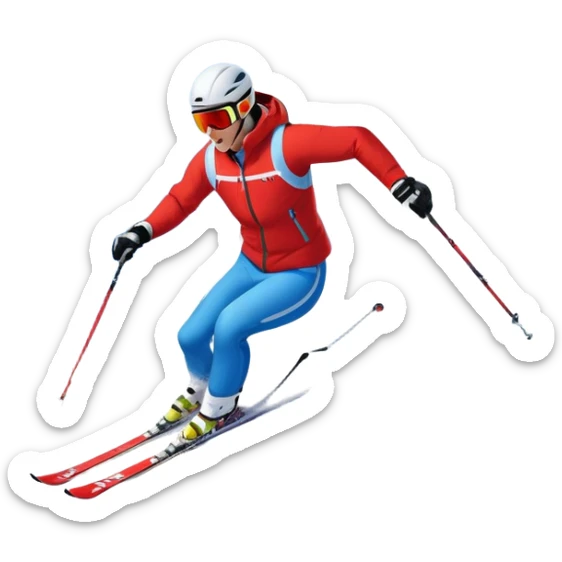 An icon featuring snowy peaks, pine trees, and a picturesque mountain landscape with a skier racing down a snow-covered slope. The sky is blue with soft clouds, capturing the thrill and beauty of alpine skiing. Transparent background highlights the excitement and serenity of winter sports. sticker