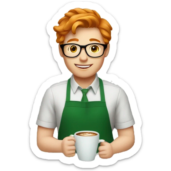 A barista boy ginger hair in a green apron wearing glasses holding a cup of coffee sticker