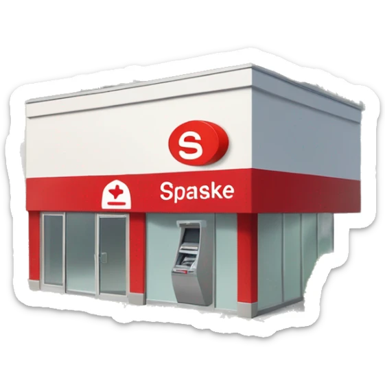 Small Sparkasse branch with the red 'S' logo, glass entrance, an ATM outside, and a few parked cars on a quiet street."






 sticker