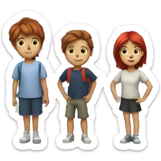 A boy with brown hair two girls, one with brown hair and one with red hair, standing on the steps of a dark green brick apartment building with bay windows sticker