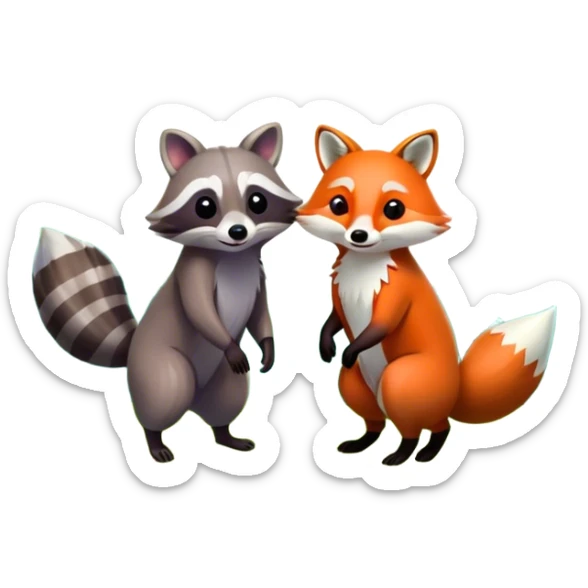 raccoon and a fox in a colorful forest with vibrant green trees, bushes and flowers. The animals are in the foreground, surrounded by a lush, bright forest, with soft sunlight filtering through the leaves. A playful and wild scene with a transparent background. sticker