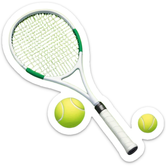 A tennis racket and ball placed on the grass court, with the lines of the court clearly visible in the background. The scene captures the essence of the sport, highlighting the equipment and the vibrant, open atmosphere of a tennis match sticker