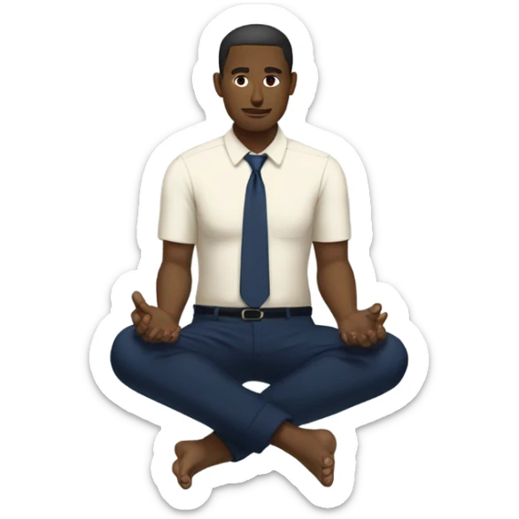 man meditating sitting down with cream dress shirt and navy blue pants . no tie sticker
