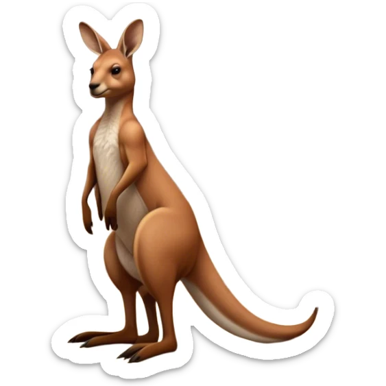 Full-body Australian Kangaroo – Cinematic-realistic Australian kangaroo, standing tall with powerful hind legs and a muscular tail for balance. Its reddish-brown fur glows under the golden sunlight, ears perked and eyes alert. The rugged outback stretches behind it, with dry grass and scattered eucalyptus trees completing the iconic scene. sticker