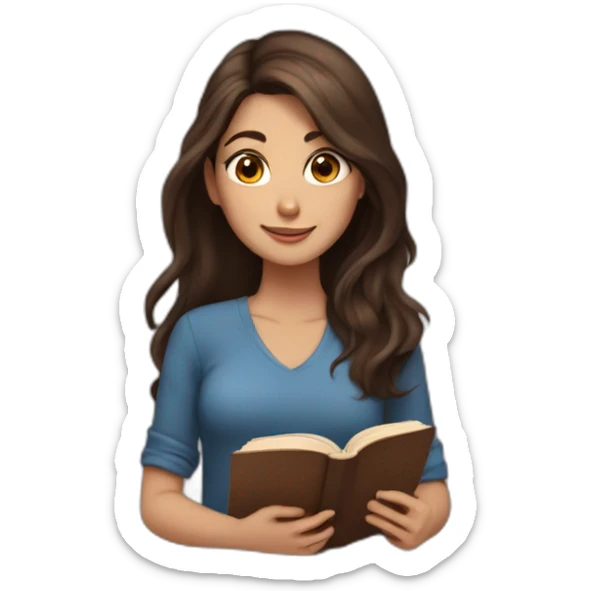 brunette girl with long hair with brown eyes reads a book sticker