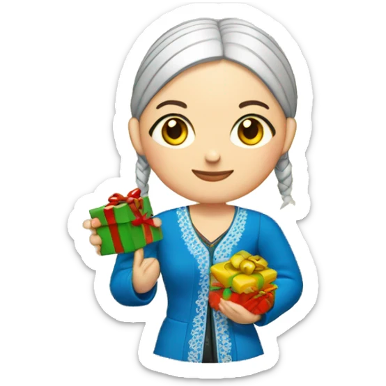 A female teacher in Ukrainian embroidery holds a gift in her hand sticker