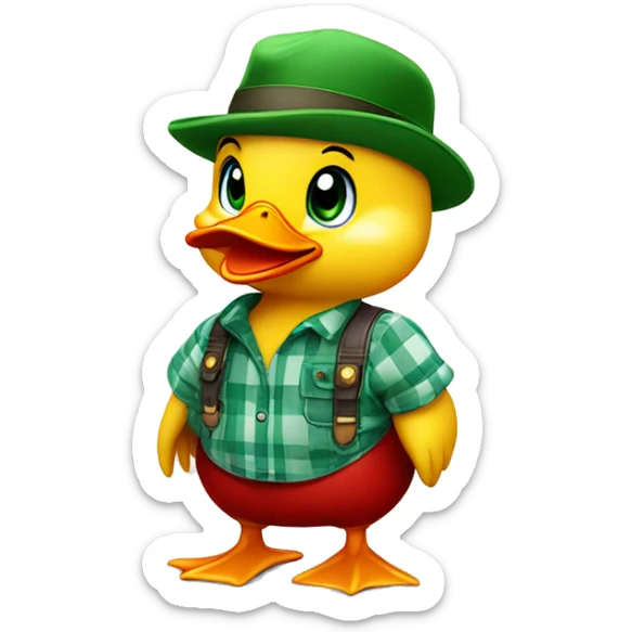 cute fluffy chubby baby duck with hand and wear green hat and red checkered shirt and jeans jumpsuit sticker