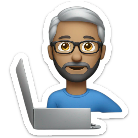 Person (white male, black and grey hair and beard with blue eyes and glasses) working on macbook laptop sticker