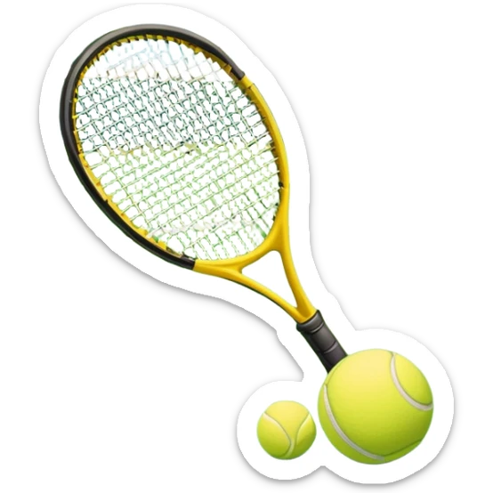 A tennis racket and a ball placed on the ground, with a tennis court in the background. The court lines and net are visible, emphasizing the structure and focus of the sport, creating a dynamic and energetic vibe. sticker
