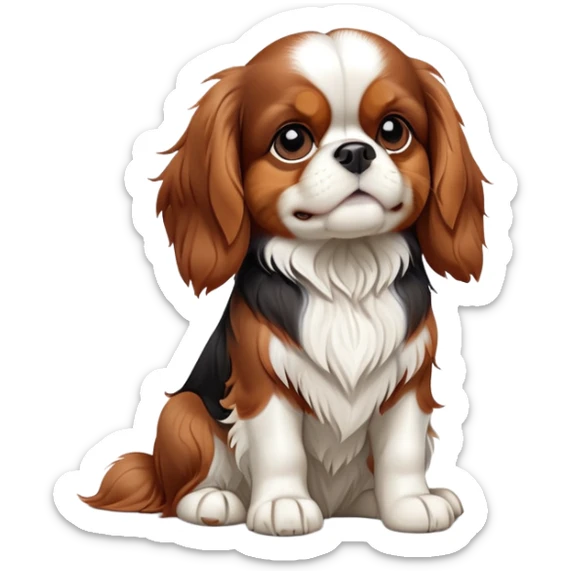 cinematic-[cavalier king charles dog]-realistic-full-body-sitting-emoji,-tail-resting-loosely-beside-its-paws,-head-tilted-dramatically,-scruffy-[brown and white]-fur,-simplified-yet-realistic-focused-features,-highly-detailed,-glowing-with-an-almost-sarcastic-glow sticker
