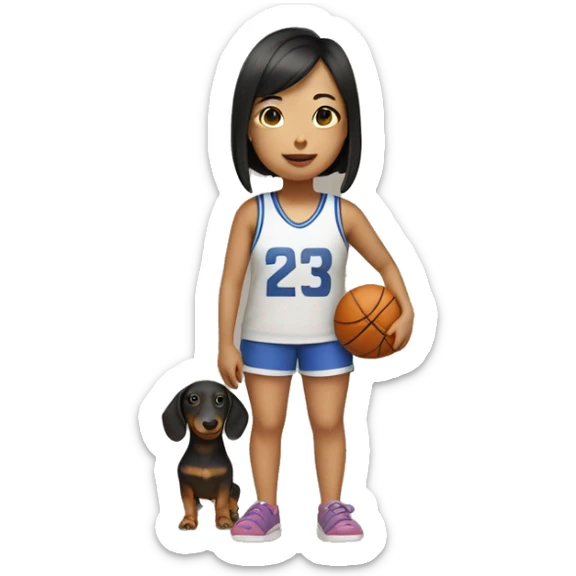 Short asian girl wearing basketball shorts and crocs holding a dachsund sticker