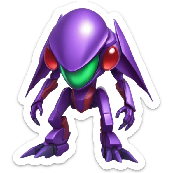 a shiny purple-green-red Genesect-Raptor-Fakémon—hybrid with a futuristic visor-helmet full body sticker