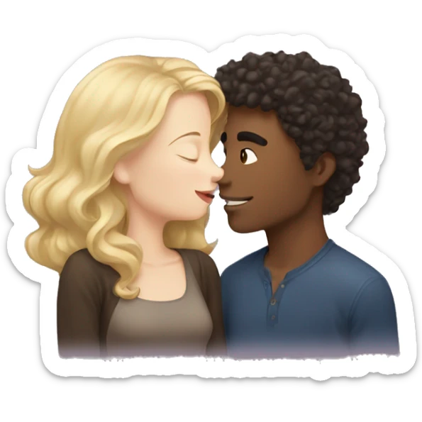 A blonde girl with pale skin kisses a light-skinned brown guy with dark curly hair sticker