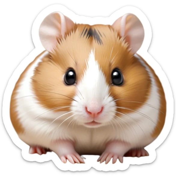 Cinematic Noble Brown and White Banded Hamster Portrait Emoji, Poised and regal, with a tiny, compact build and a uniquely patterned fur of warm brown and crisp white bands, deep-set soulful dark eyes, Simplified yet sharp and sophisticated features, highly detailed, glowing with a soft, dignified glow, high shine, intelligent and charming, stylized with an air of distinctive elegance, focused and attentive, soft glowing outline, capturing the essence of a watchful and confident rodent, so majestic it feels as though it could scurry out of the screen with effortless authority! sticker