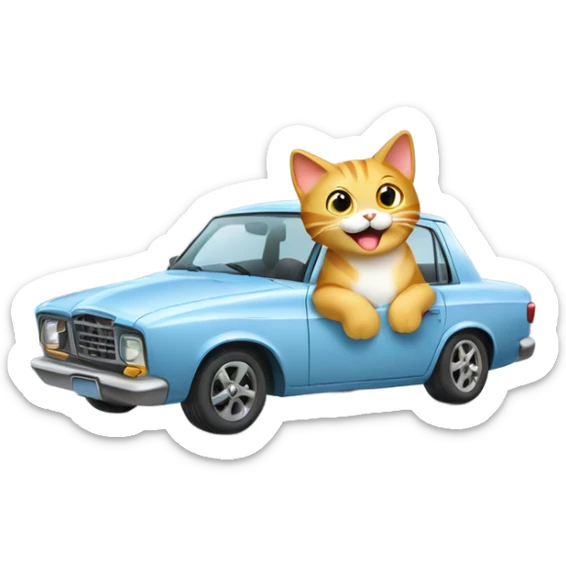 A cartoon emoji-style car with a cat sitting on the open hood, holding a wrench and smiling sticker