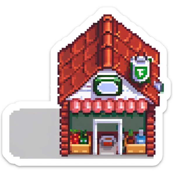 isometric supermarket building with red tiled roof, store entrance, and small parking area sticker