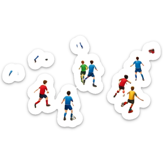 A mini-football match in an indoor sports hall with wooden flooring and clear field markings. The scene shows a vibrant game in action, with players positioned on the court, the goalposts visible, and the atmosphere filled with energy and focus. sticker