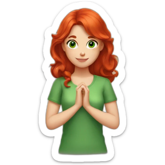 the girl with green eyes and red hair folded her hands into a heart sticker