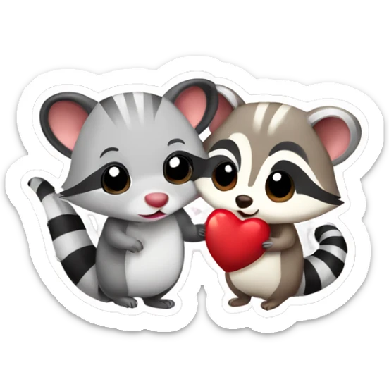 Opossum and raccoon cute animal couple love with heart sticker