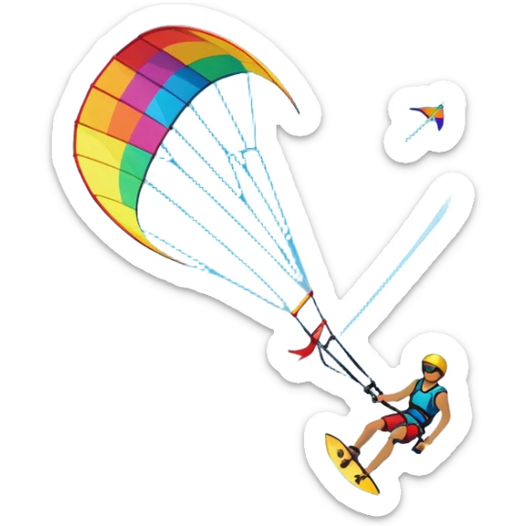 A vibrant kite soaring high in the sky, attached to a kiteboarder riding the waves below. The scene is filled with bright colors, capturing the energy of the sport. The background features the ocean, wind-blown waves, and a clear sky, showcasing the excitement and freedom of kiting. sticker