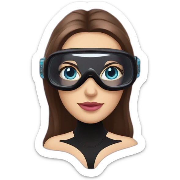 woman with blues eyes, large and straight brown hair, pink diving mask with a single crystal. underwater black suit sticker