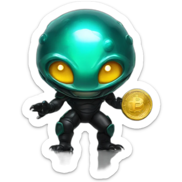 Aquamarine reptiloid in black suite with laser eyes on the golden coin in background sticker