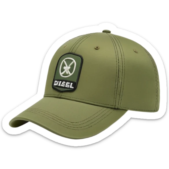 Diesel brand cap in khaki green color, baseball cap style with Diesel logo on front, military green hat sticker