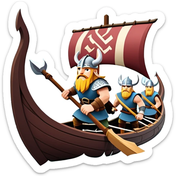 clash-of-clans-aesthetic_-cinematic-viking-longboat, rendered in a flat, bold vector style with minimal shading, featuring a striking dragon-headed prow slicing through icy, churning waters. shields on the side and vikings rowing The longboat’s intricately detailed shields and carved motifs evoke a sense of epic adventure and Nordic might, with billowing sails catching a dramatic, stormy sky backdrop. sticker