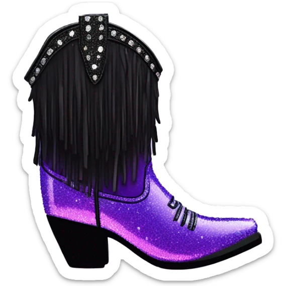 Realistic short neon purple to black ombre fashion cowgirl boot with sparkly shiny glitter fringe on them. sticker