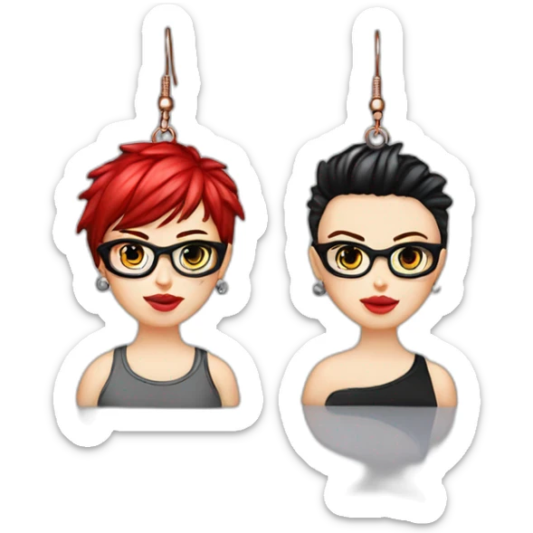 Punk female earrings glasses,red and black short hair, sticker