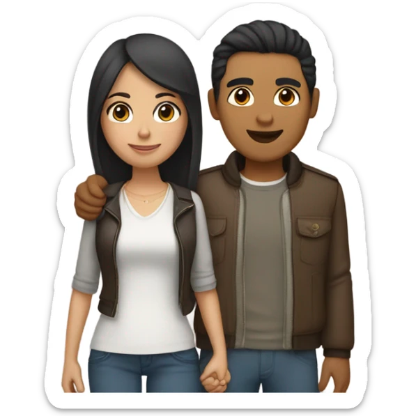 a couple holding hands. the guy has black middle part hair and is Persian and Filipino mix, wearing a jacket. the girl has brown hair white and asian mix, wearing a crop top. sticker