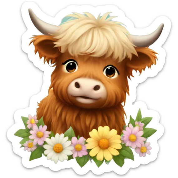 Cute Fluffy Highland cow baby sitting with flowers in hair sticker