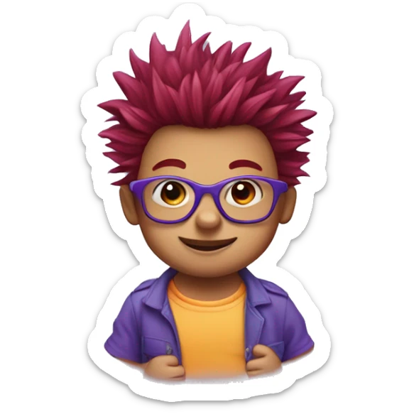 a red-haired one year baby with spiky hair and only 2 front teeth wearing purple square glasses and a blue shirt with red trim sticker