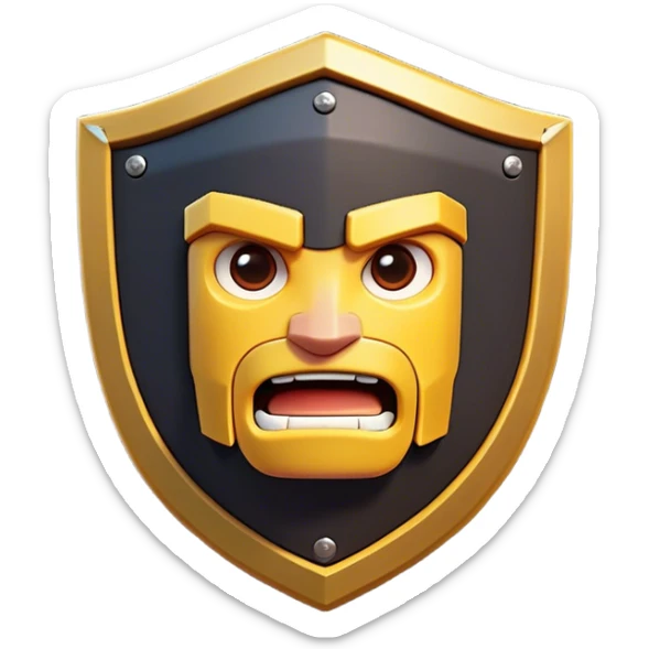 Clash of Clans aesthetic: Cinematic Playful Pixel 3D Shield Portrait Emoji, rendered in a 3D vector-style similar to standard emojis with minimal shading and bold, simplified shapes. A compact, distinct form with signature details, softly glowing with a pixelated adventure charm. Simplified yet unmistakably iconic, highly detailed and consistent, glowing with a soft radiance and high shine. Stylized with a touch of classic pixel-art charm and a soft glowing outline, capturing the essence of a beloved gaming relic with a friendly, playful manner! sticker