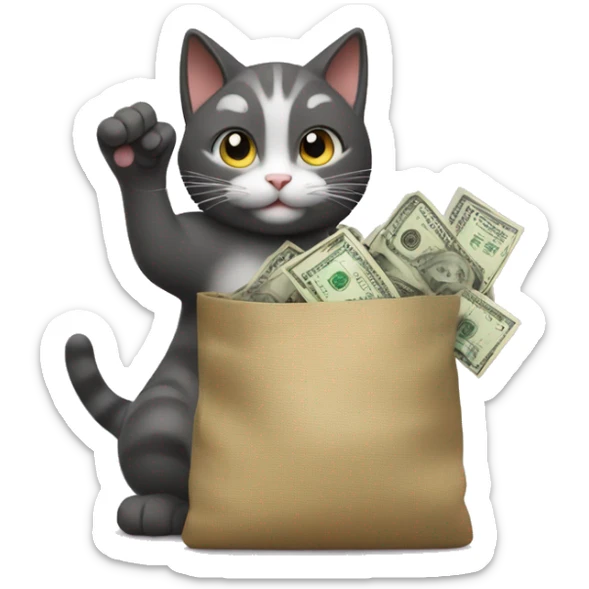 the cat waves its paw and holds a bag of money sticker