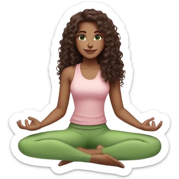 Dark brown long curly hair and green eyes yoga beautiful young woman in light pink pink pink clothes sitting on a yoga mat sticker
