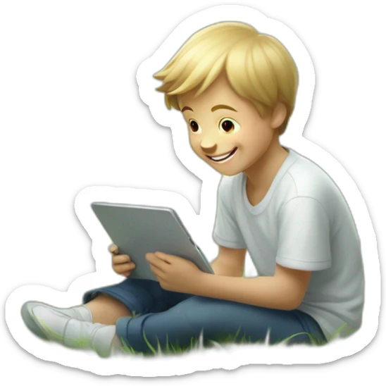 Portray the innocence of a white child sitting on grass, his behind is house, captivated by a tablet, with a beaming happy face that radiates wonder and delighted. sticker