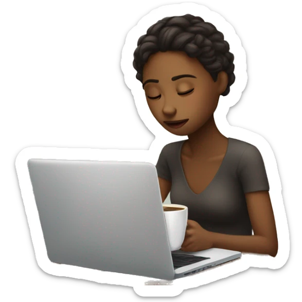 tired girl with laptop drinking a lot of coffee sticker