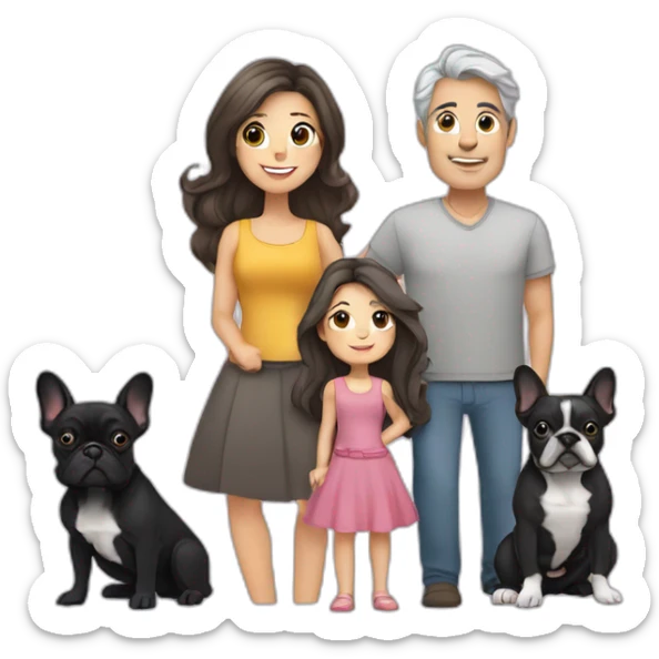 Family-father-mother-grey-hair-two-brunettes-daughters-with-long-hair-and-one-black-French-bulldog sticker