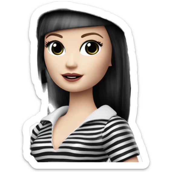 Beach Beauty Barbie, 1965 Wednesday Addams from academy, in dark-gray and black striped outfit with hat. Smiling Driving Mercedes convertible sports car. Pale-white porcelain skin.  sticker