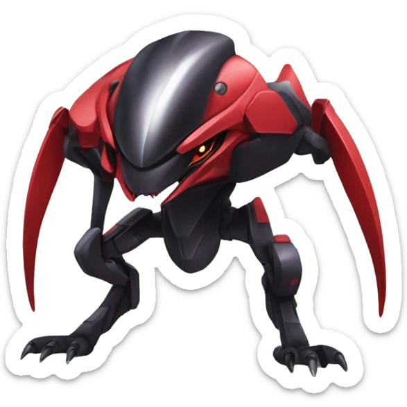 a shiny black-red Genesect-Raptor-Fakémon—hybrid with a futuristic visor-helmet full body sticker