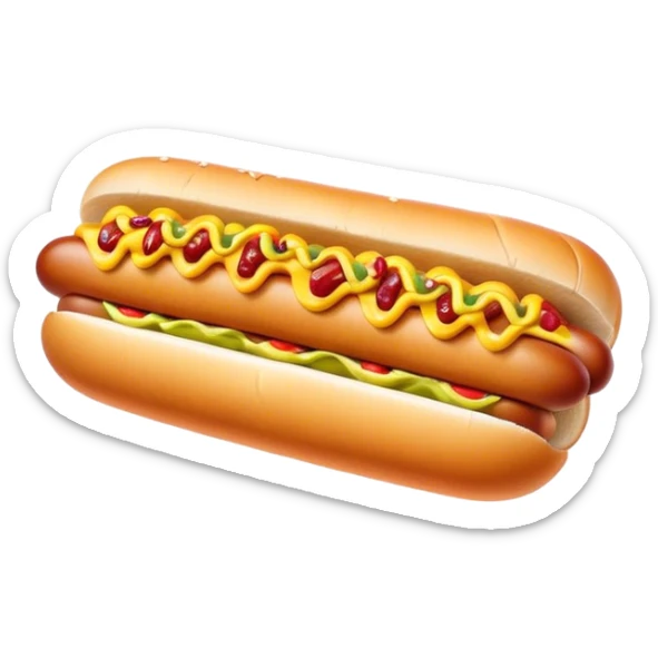 Cinematic Realistic Hot Dog Dish Emoji, featuring a classic hot dog in a bun topped with mustard and relish rendered with crisp textures and vibrant, dynamic lighting. sticker